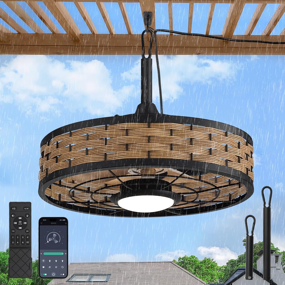20" Outdoor Ceiling Fan with Light IP65 Plug In 3CCT Dimmable 6 Speed Remote App
