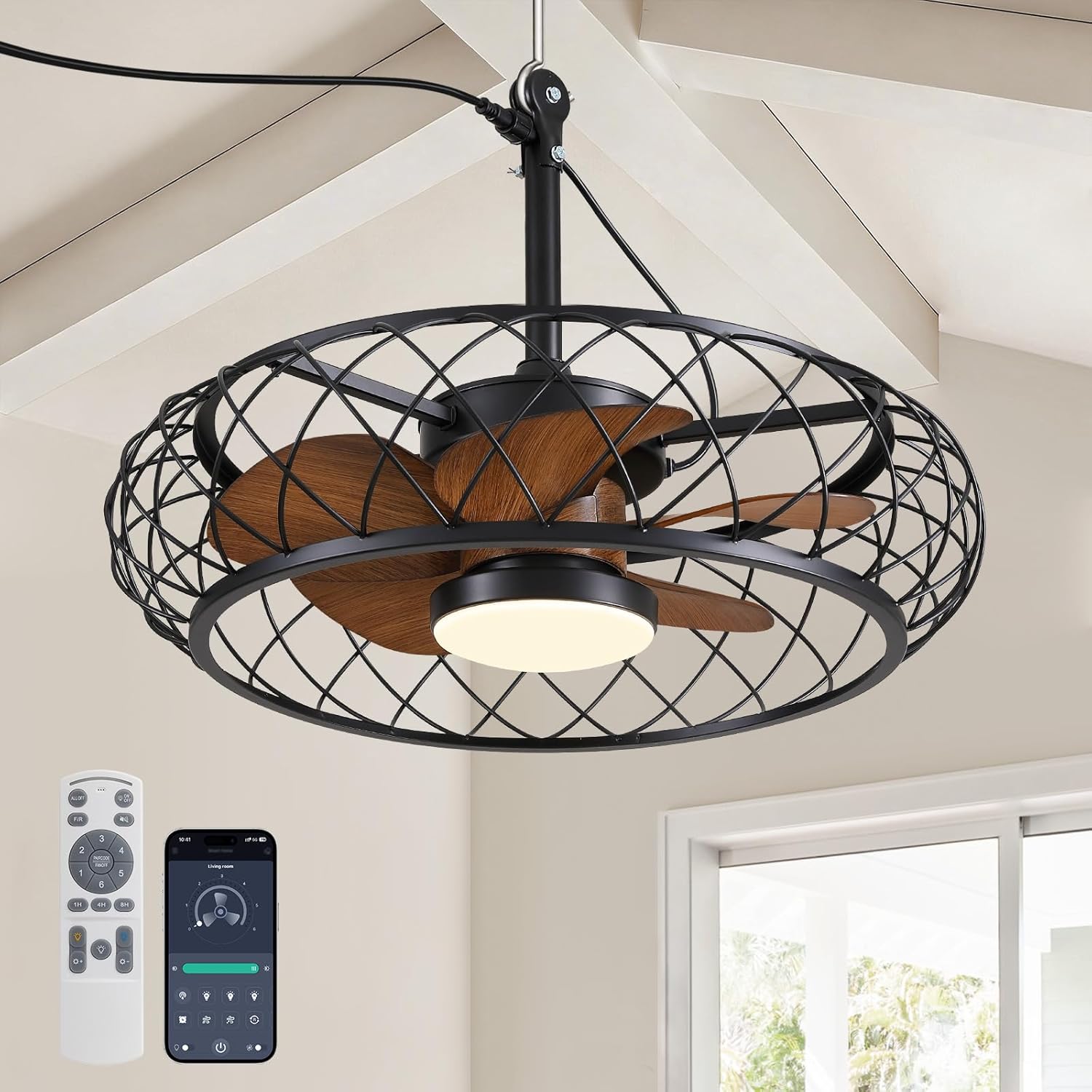 24" Outdoor Ceiling Fan with Light Plug In Remote App 3CCT Dimmable DC Motor