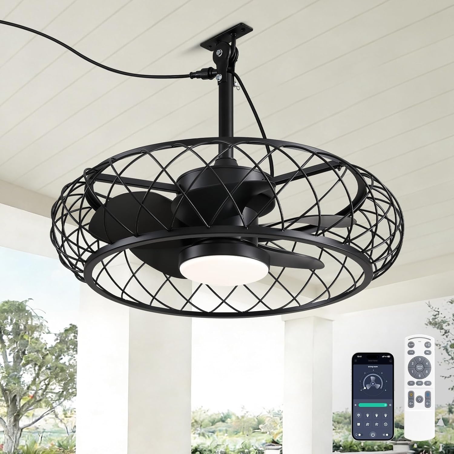 24" Outdoor Ceiling Fan with Light Plug In Remote App 3CCT Dimmable DC Motor