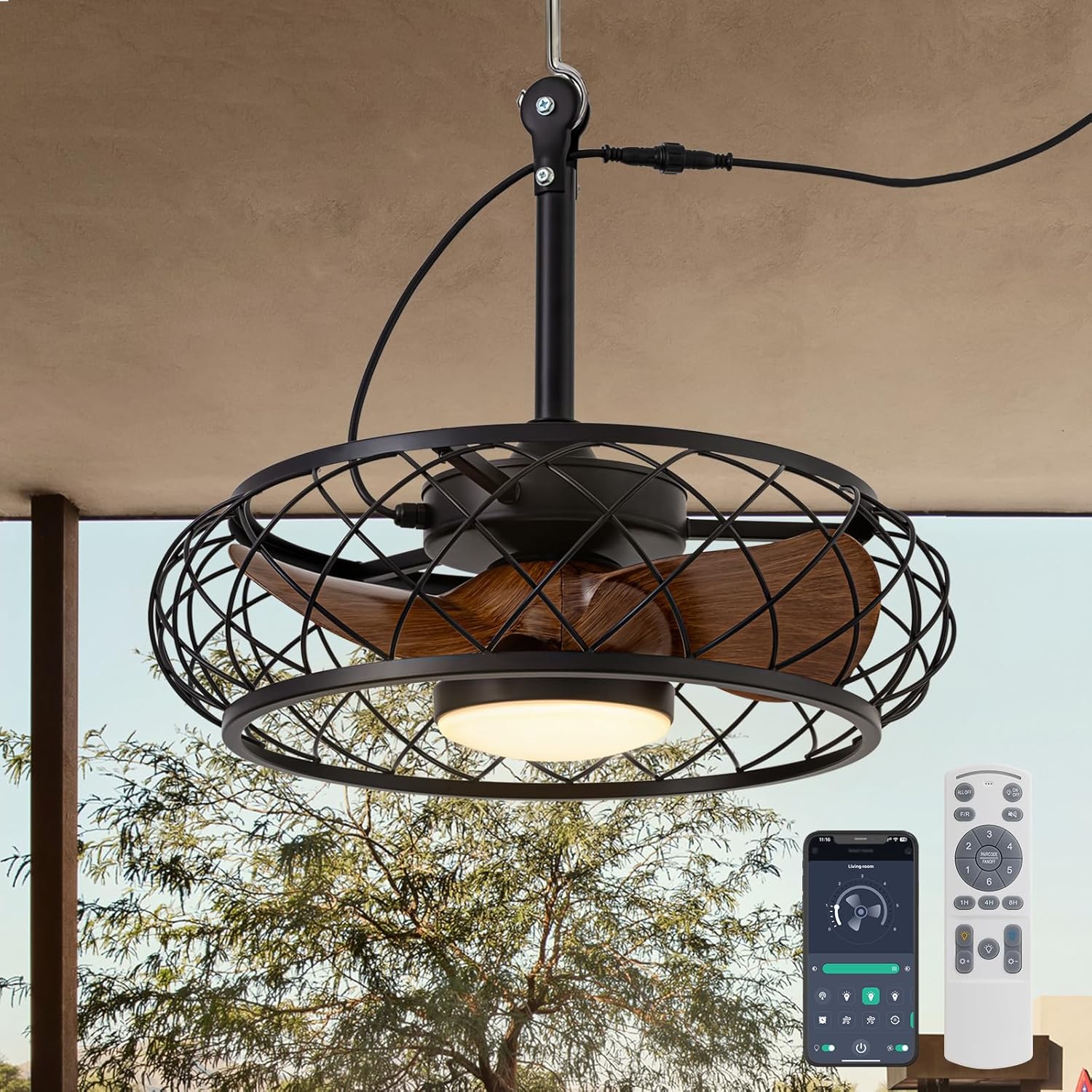 24" Outdoor Ceiling Fan with Light Plug In Remote App 3CCT Dimmable DC Motor