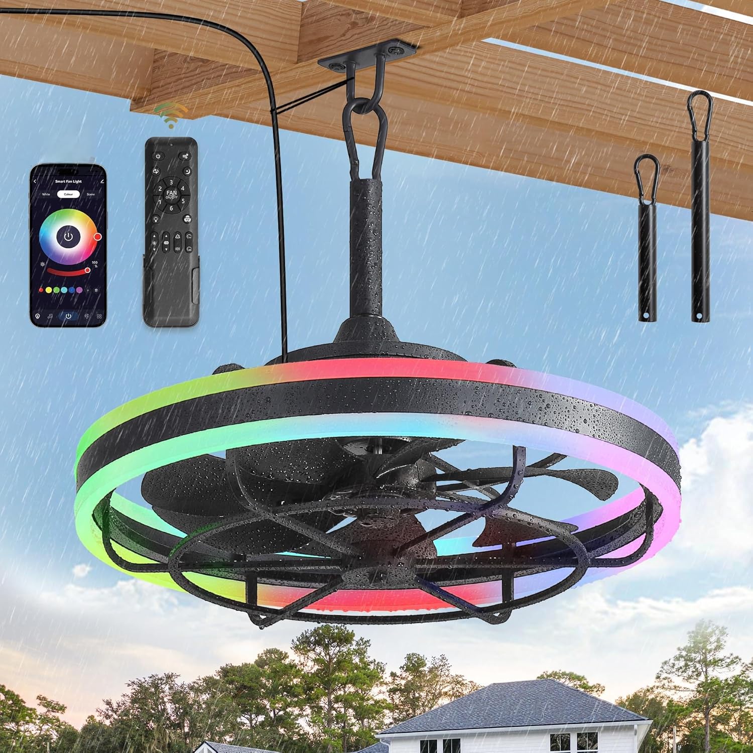 20" Outdoor Ceiling Fan with Light IP65 Plug In 3CCT App Control Hanging Hook