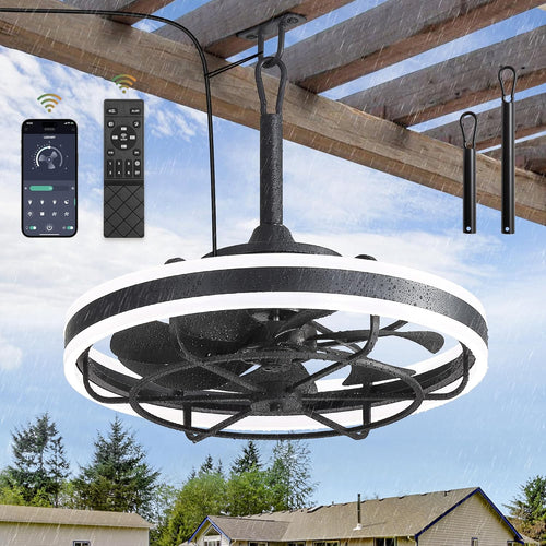 20" Outdoor Ceiling Fan with Light IP65 Plug In 3CCT App Control Hanging Hook