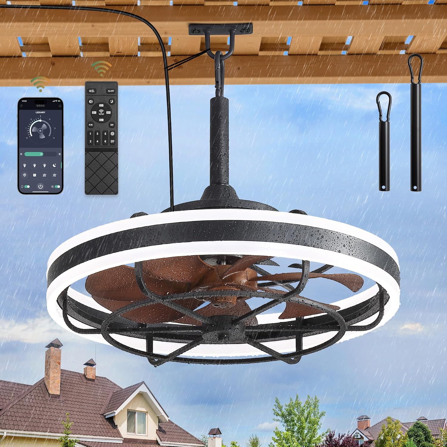 20" Outdoor Ceiling Fan with Light IP65 Plug In 3CCT App Control Hanging Hook