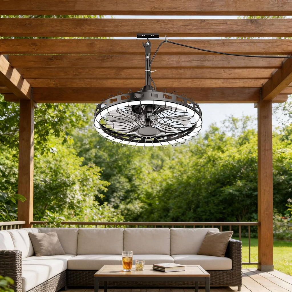 20" Outdoor Ceiling Fan with Light IP65 Plug In 3CCT Dimmable 6 Speed Patio