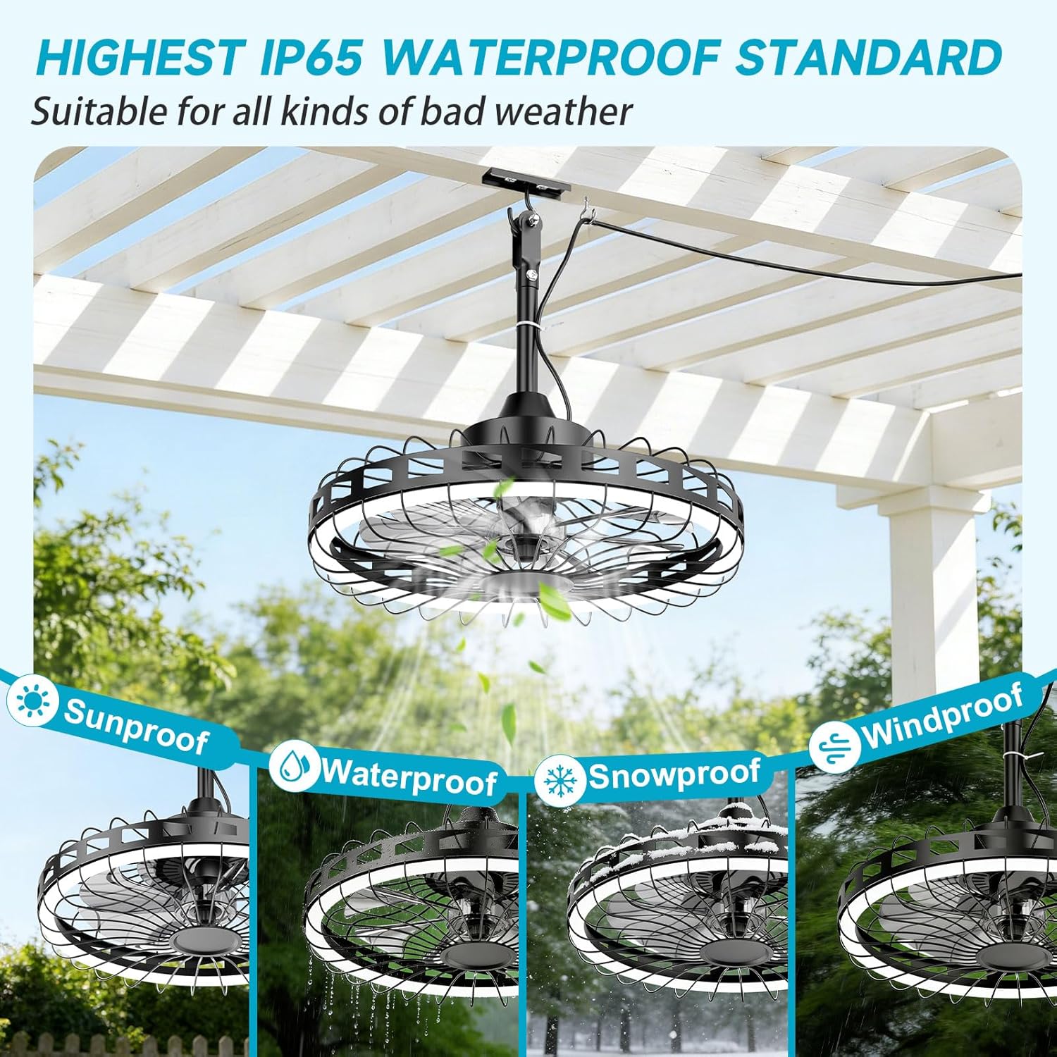 20" Outdoor Ceiling Fan with Light IP65 Plug In 3CCT Dimmable 6 Speed Patio