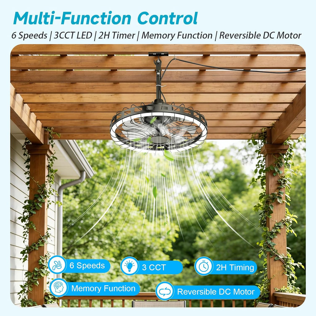 20" Outdoor Ceiling Fan with Light IP65 Plug In 3CCT Dimmable 6 Speed Patio