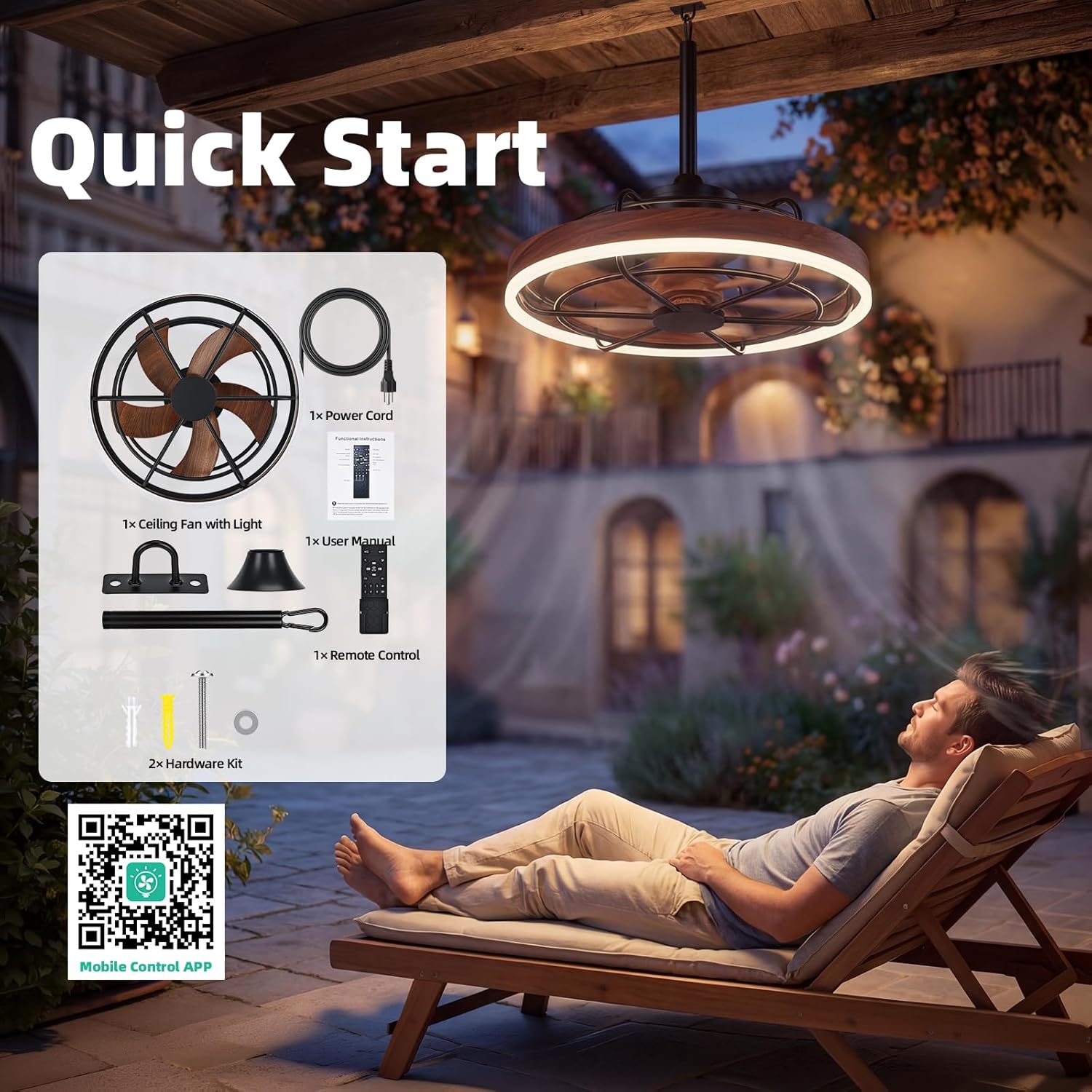 20" Outdoor Ceiling Fan with Light IP65 Plug In Remote App 3CCT Patio Gazebo