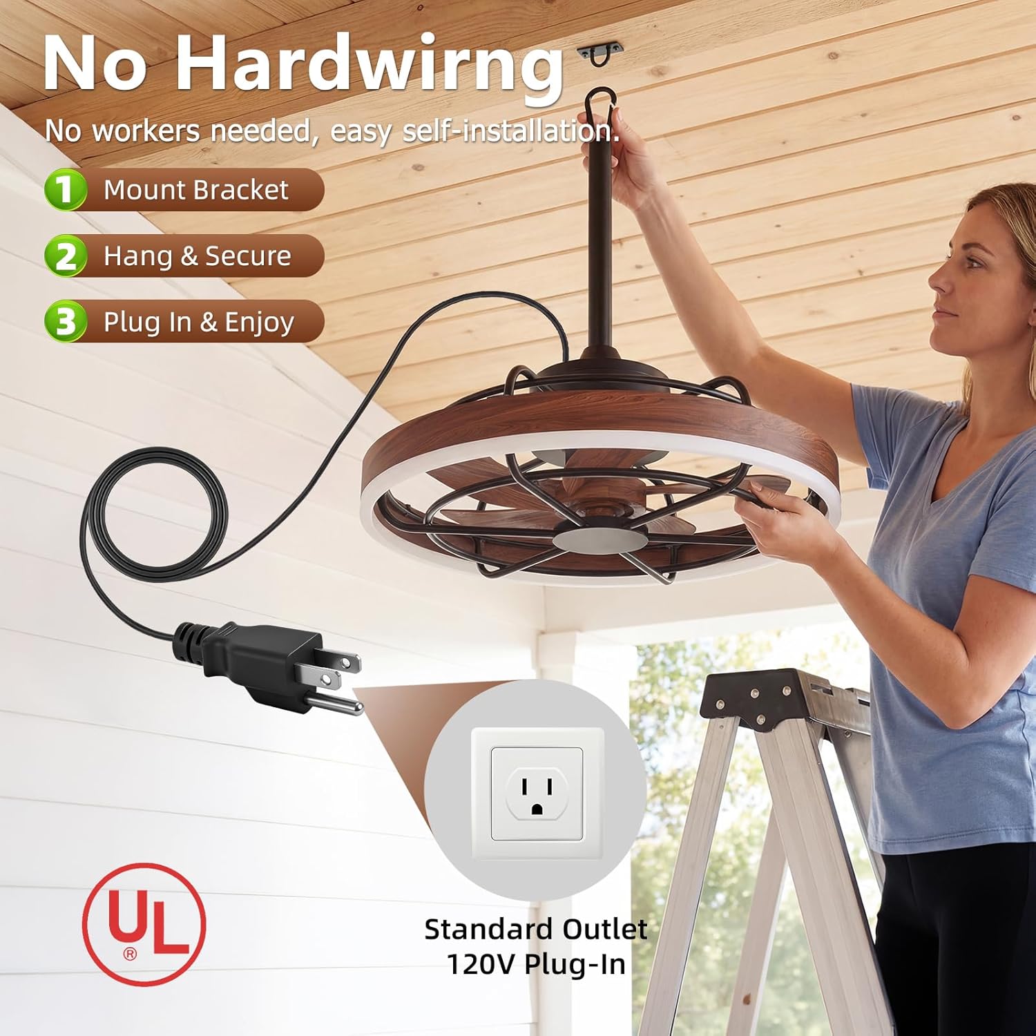 20" Outdoor Ceiling Fan with Light IP65 Plug In Remote App 3CCT Patio Gazebo
