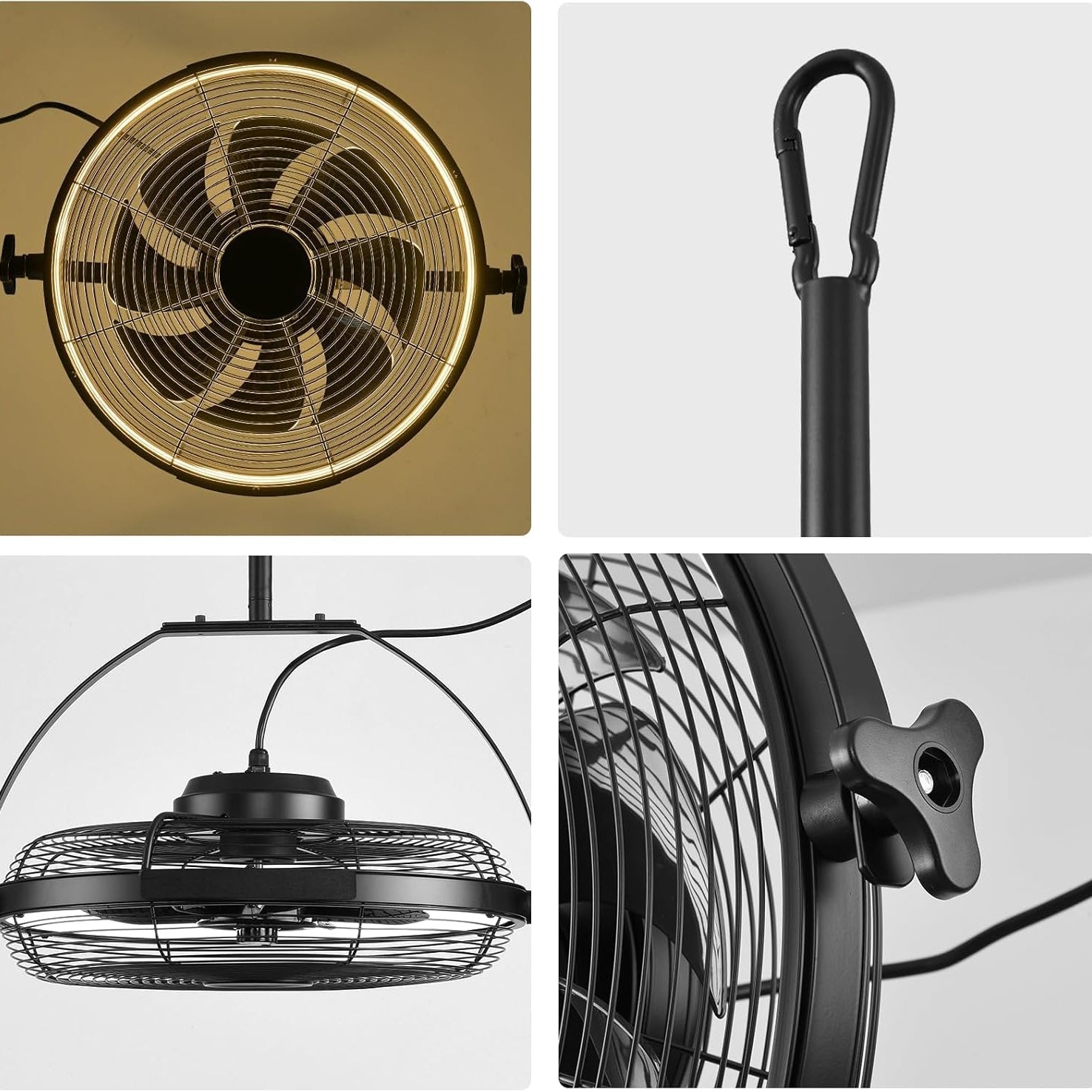 16" Outdoor Ceiling Fan with Light Plug In Portable Adjustable Black Patio Fan