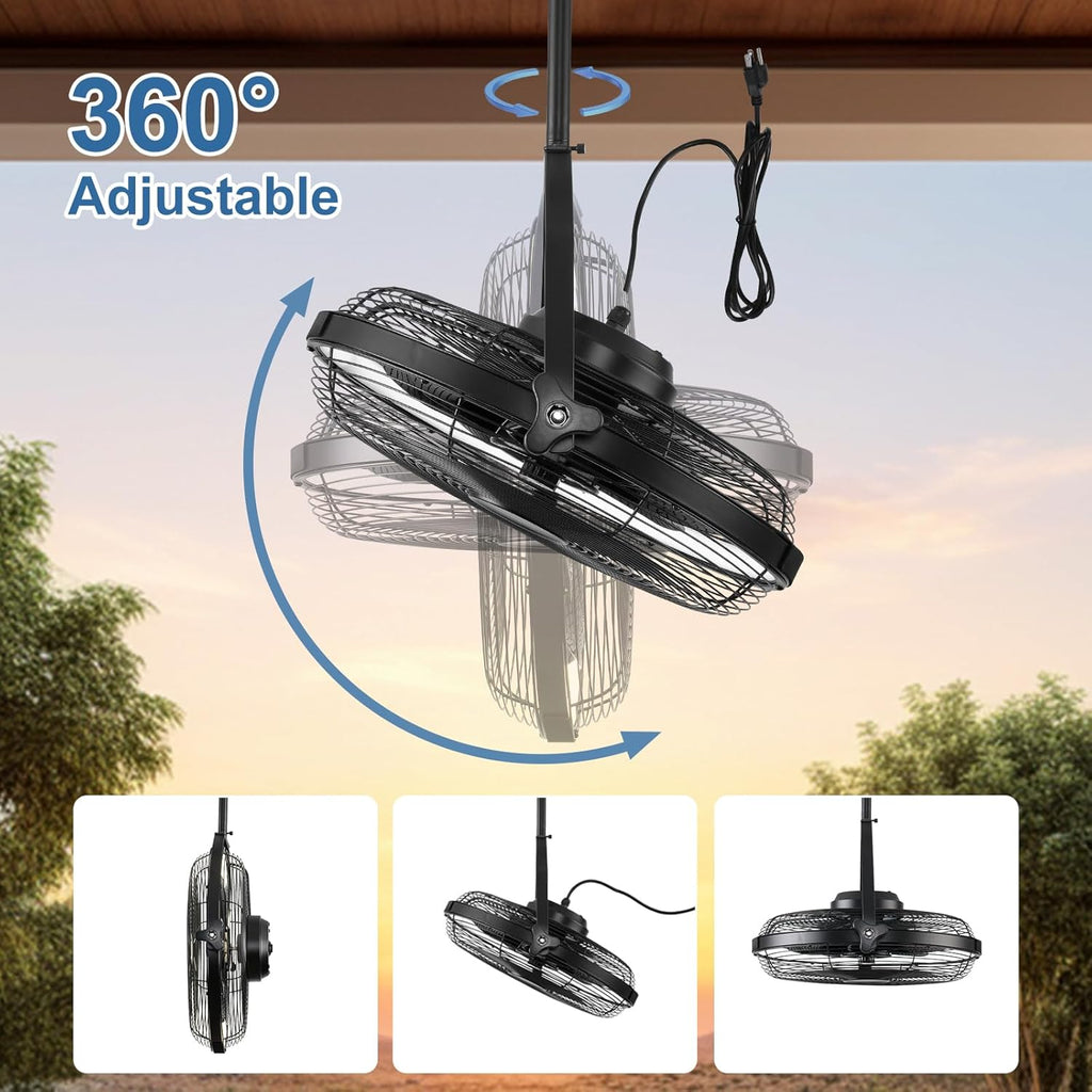 16" Outdoor Ceiling Fan with Light Plug In Portable Adjustable Black Patio Fan