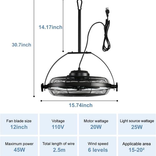 16" Outdoor Ceiling Fan with Light Plug In Portable Adjustable Black Patio Fan