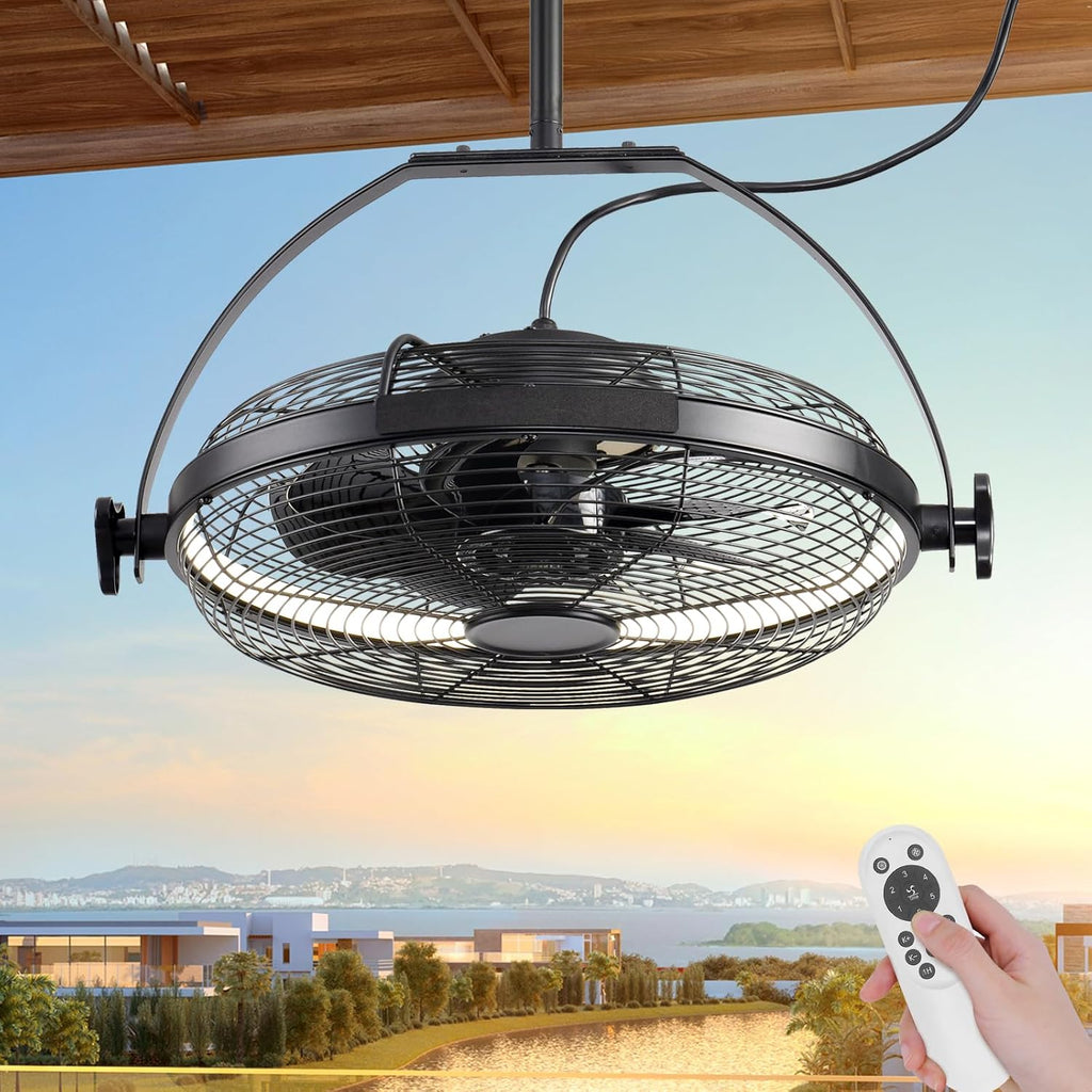 16" Outdoor Ceiling Fan with Light Plug In Portable Adjustable Black Patio Fan